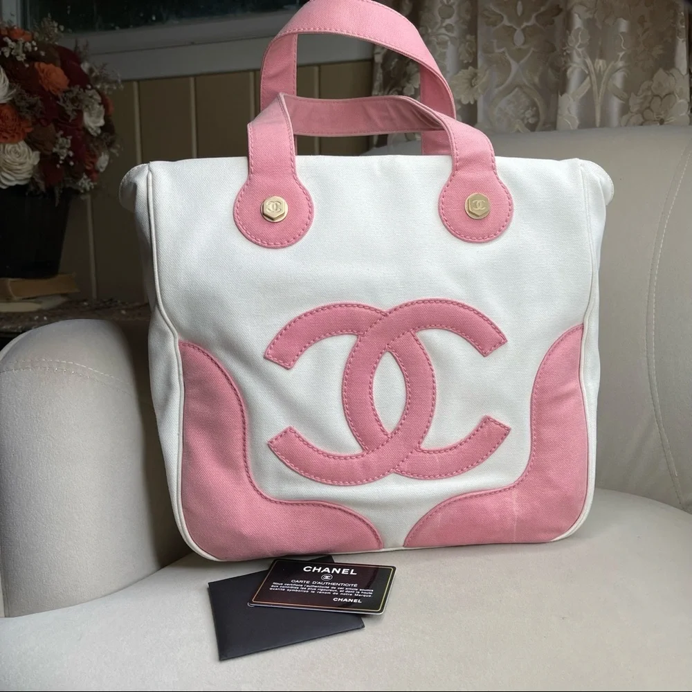 Authentic Chanel CC Marshmallow Handbag purse Bag Mini Tote White Pink - Picture 1 of 15